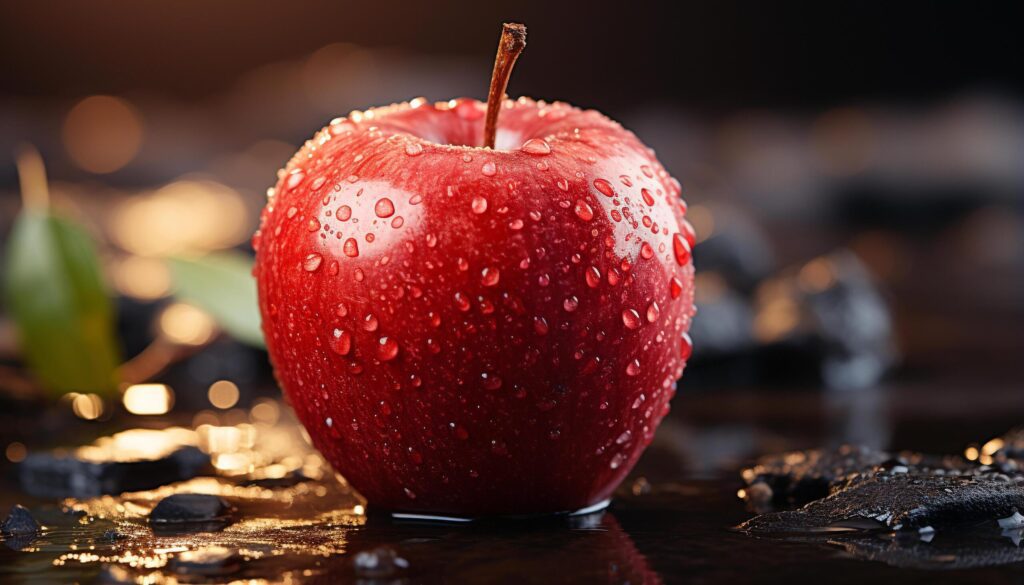 Freshness and nature reflected in a wet, ripe apple drop generated by AI Free Photo