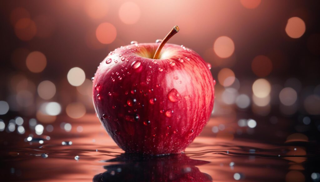 Freshness and nature reflected in a wet, ripe apple generated by AI Free Photo