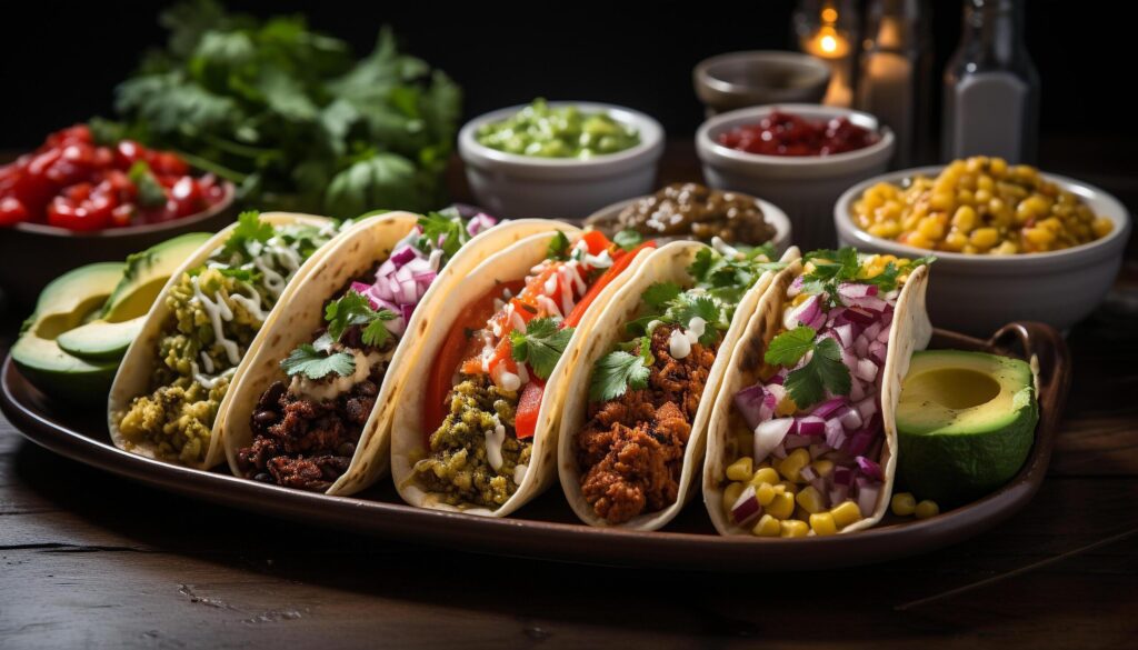 Freshness and spice on a wooden table guacamole, taco, meat generated by AI Free Photo