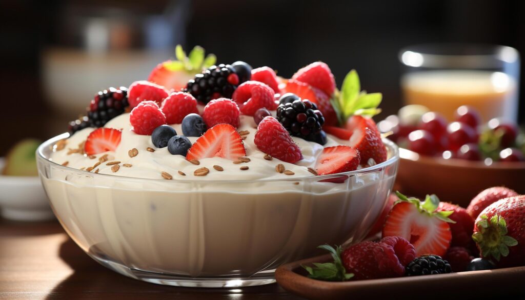 Freshness and sweetness in a bowl of berry fruit dessert generated by AI Free Photo