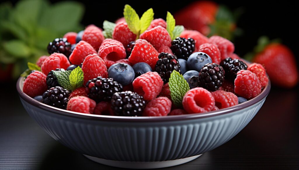 Freshness and sweetness in a bowl of berry fruit generated by AI Free Photo