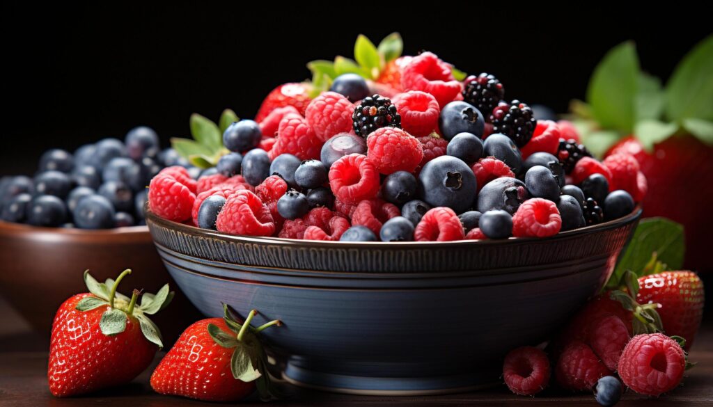 Freshness and sweetness in a bowl of berry goodness generated by AI Free Photo