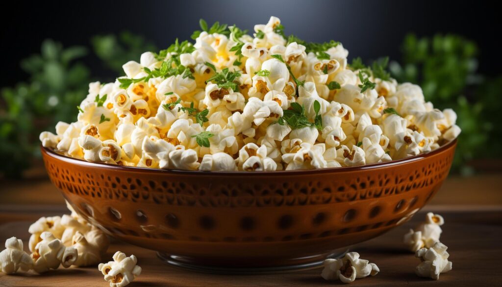 Freshness and sweetness in a bowl of caramel corn generated by AI Free Photo