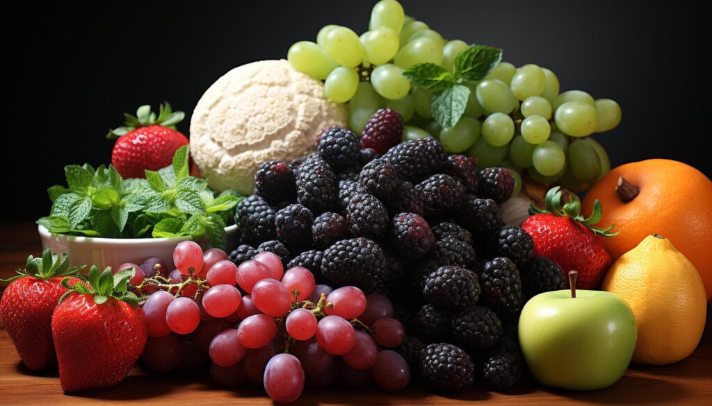 Freshness and sweetness in a bowl of colorful fruits generated by AI Free Photo