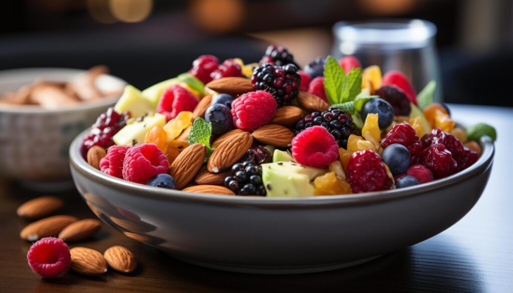 Freshness and sweetness in a bowl of gourmet fruit salad generated by AI Free Photo