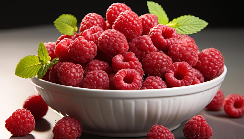 Freshness and sweetness in a bowl of organic berry fruit generated by AI Free Photo