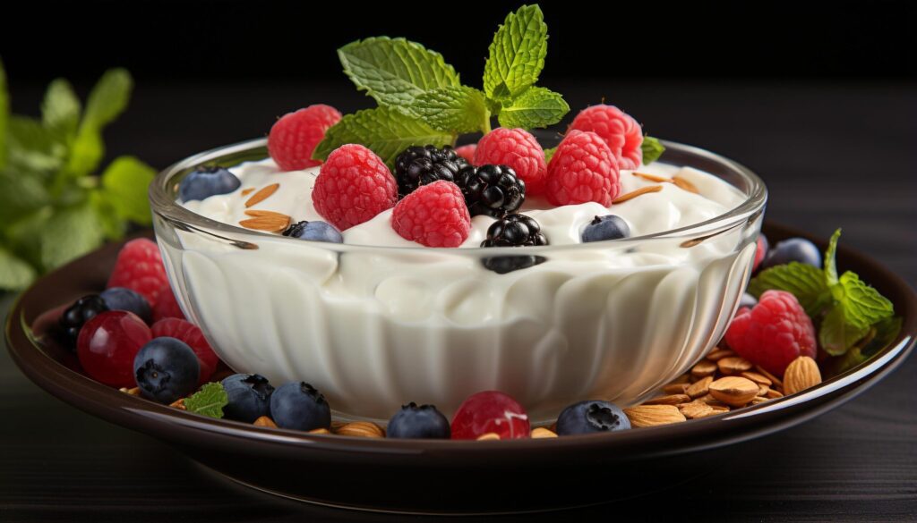 Freshness and sweetness in a bowl of raspberry blueberry parfait generated by AI Free Photo