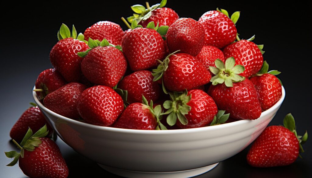 Freshness and sweetness in a bowl of ripe strawberries generated by AI Free Photo