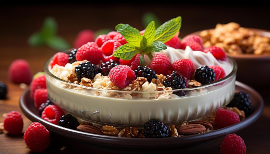 Freshness and sweetness in a gourmet berry fruit parfait generated by AI Free Photo