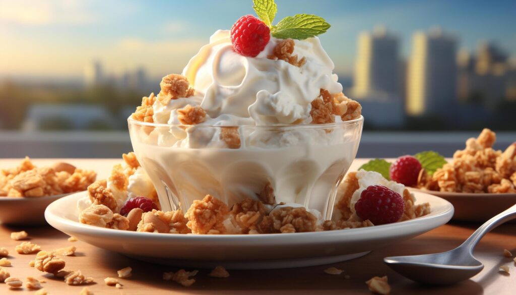 Freshness and sweetness in a gourmet ice cream dessert generated by AI Free Photo