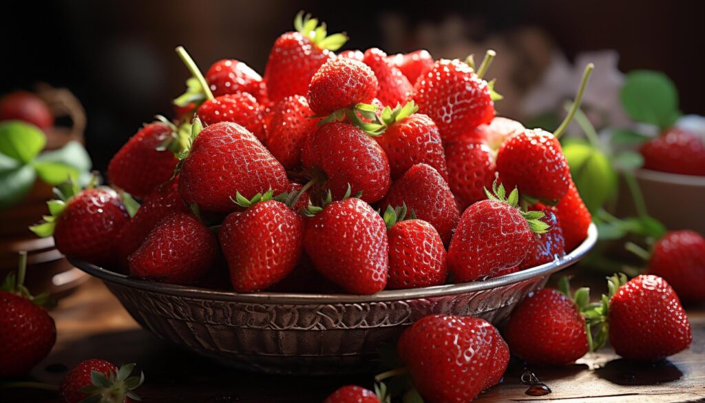 Freshness and sweetness of ripe strawberry, a healthy gourmet dessert generated by AI Free Photo