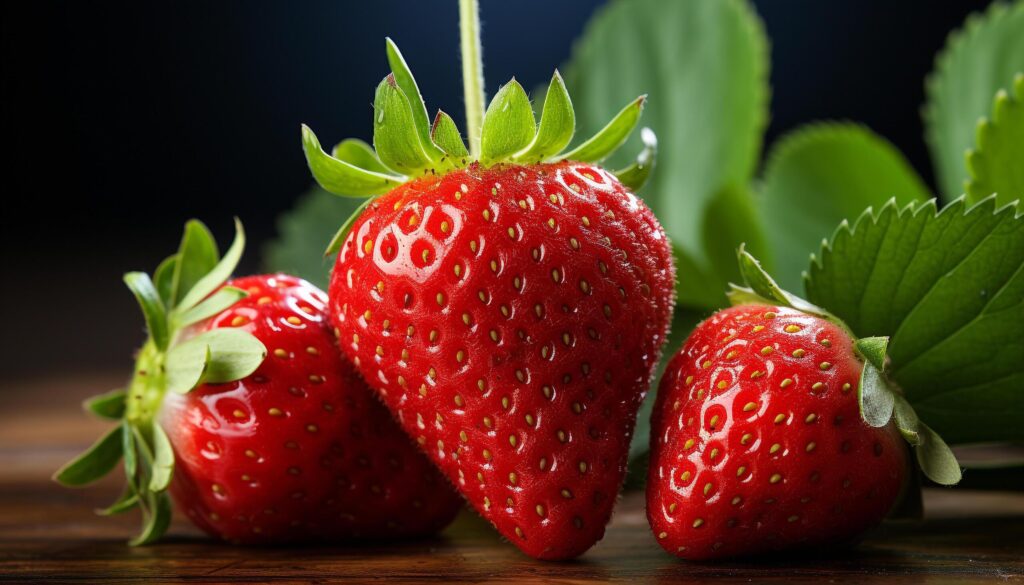 Freshness and sweetness of ripe strawberry on wooden table generated by AI Free Photo