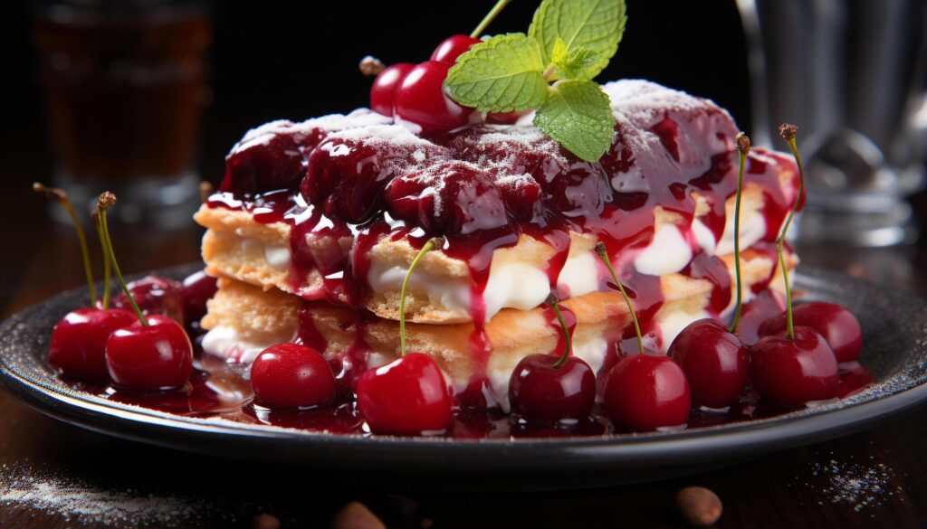 Freshness and sweetness on a gourmet plate of berry dessert generated by AI Free Photo