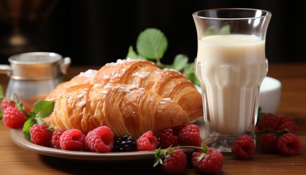 Freshness and sweetness on a plate berry fruit and croissant generated by AI Free Photo