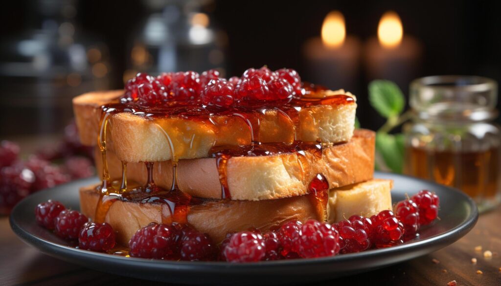 Freshness and sweetness on a plate raspberry pancake with homemade blueberry sauce generated by AI Free Photo