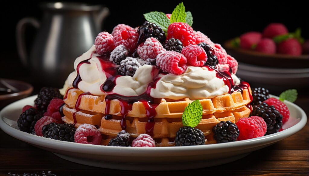 Freshness and sweetness on a wooden plate berry dessert generated by AI Free Photo