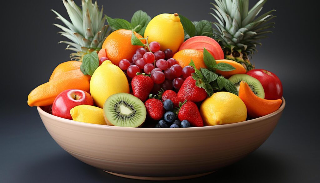 Freshness and variety in a vibrant fruit bowl salad generated by AI Free Photo