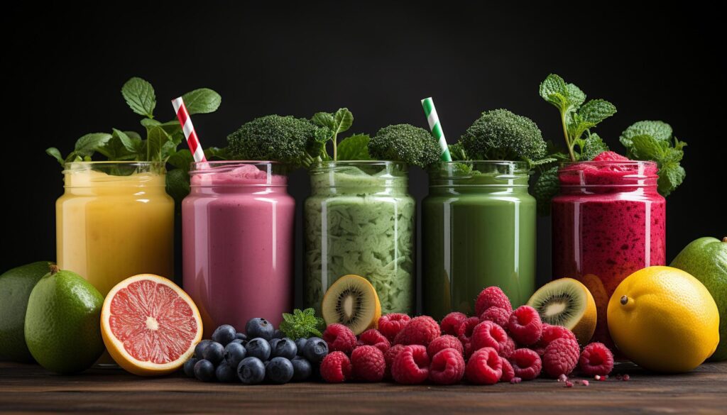 Freshness and variety on the table organic fruit smoothie generated by AI Free Photo