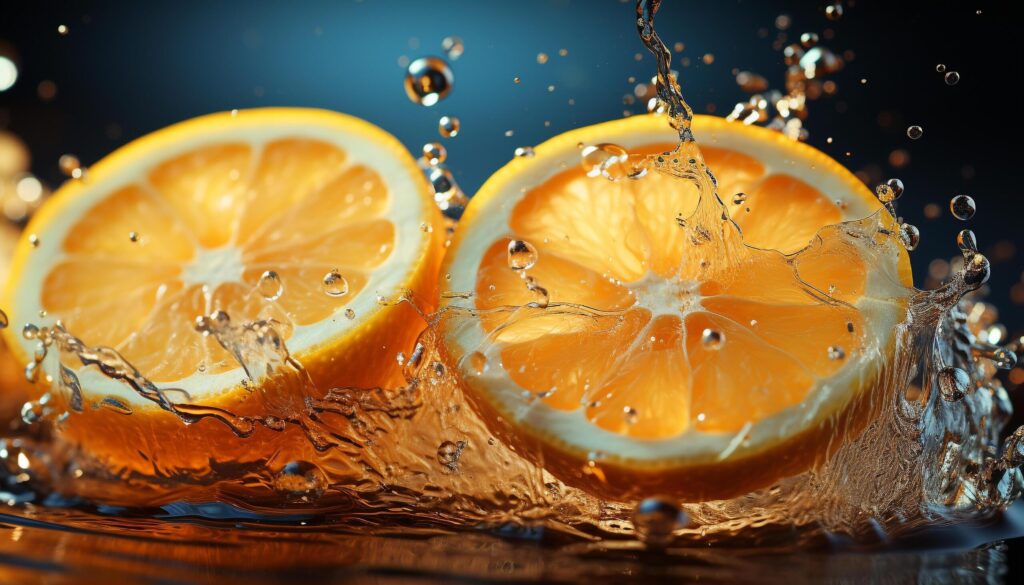 Freshness drops, lemon slice, wet citrus fruit, liquid splash generated by AI Free Photo