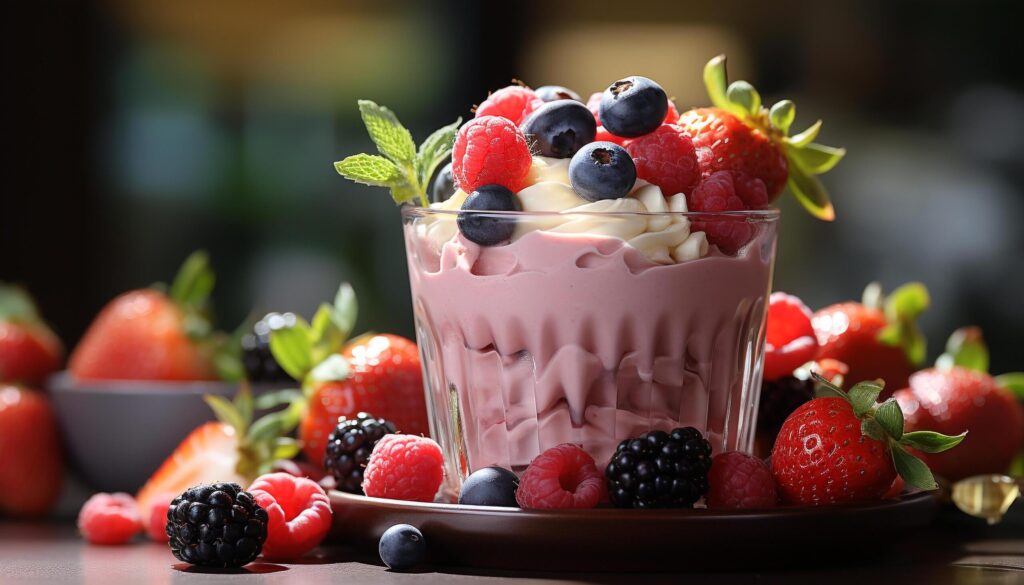 Freshness in a bowl gourmet dessert with berry fruit generated by AI Free Photo