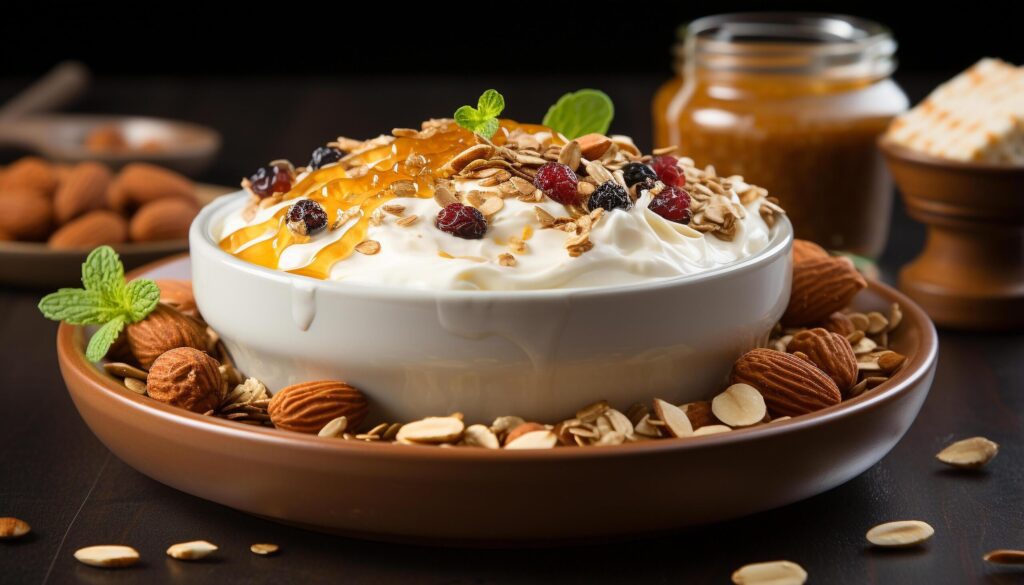 Freshness in a bowl homemade granola, yogurt, fruit, and nuts generated by AI Free Photo