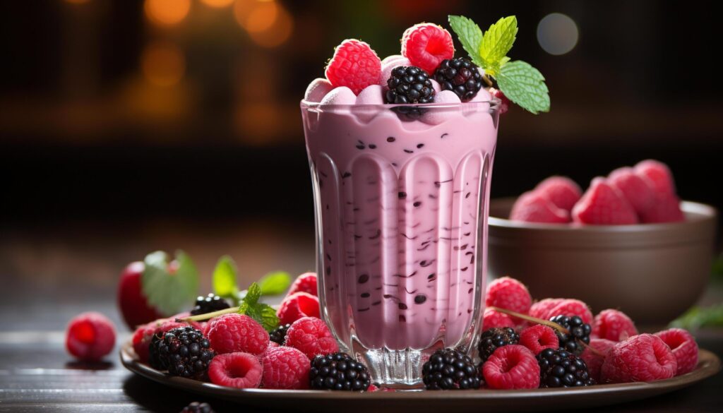 Freshness in a bowl raspberry, blueberry, and strawberry milkshake generated by AI Free Photo