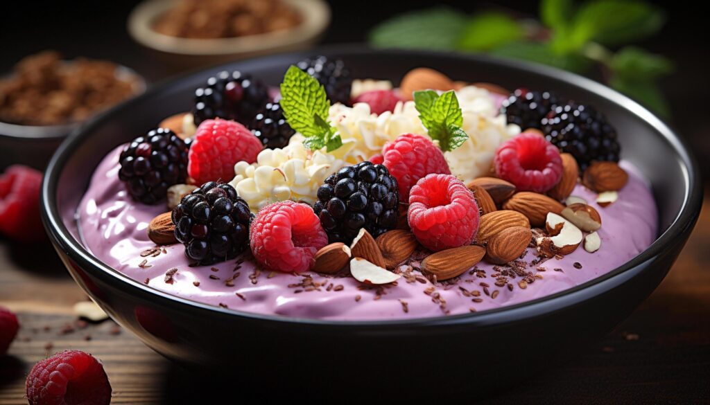 Freshness in a bowl Raspberry, blueberry, and strawberry parfait generated by AI Free Photo