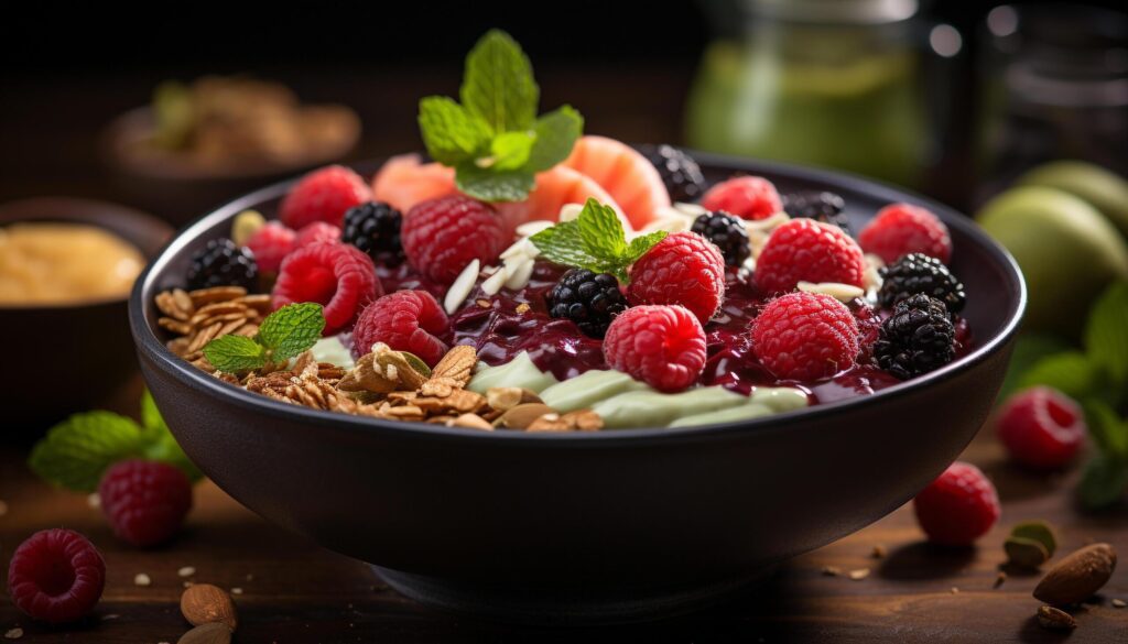 Freshness in a bowl raspberry, blueberry, granola, yogurt, mint leaf generated by AI Free Photo