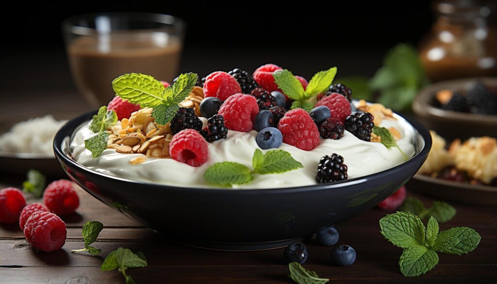 Freshness in a bowl raspberry, blueberry, mint leaf, granola, Greek yogurt generated by AI Free Photo