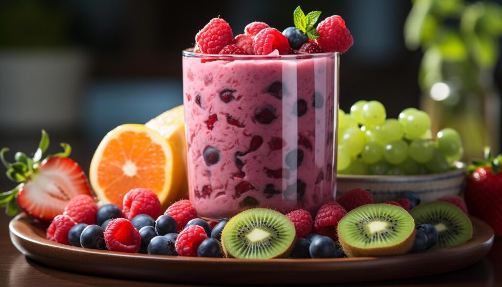 Freshness in a bowl raspberry, blueberry, strawberry, and kiwi generated by AI Free Photo