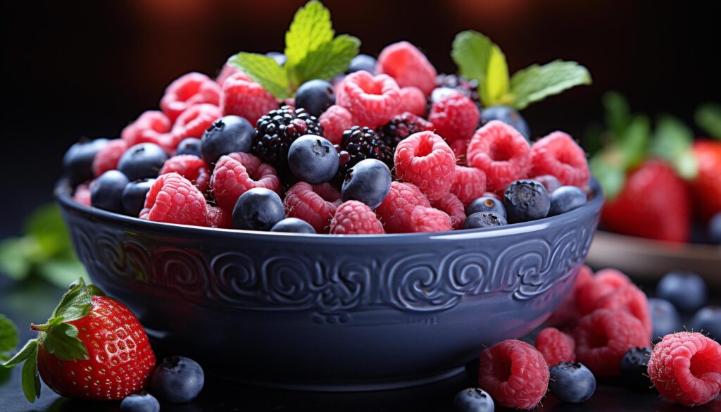 Freshness in a bowl raspberry, blueberry, strawberry, and mint generated by AI Free Photo