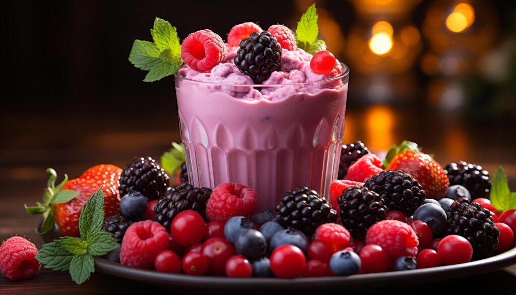 Freshness in a bowl Raspberry, blueberry, strawberry, blackberry, mint leaf generated by AI Free Photo