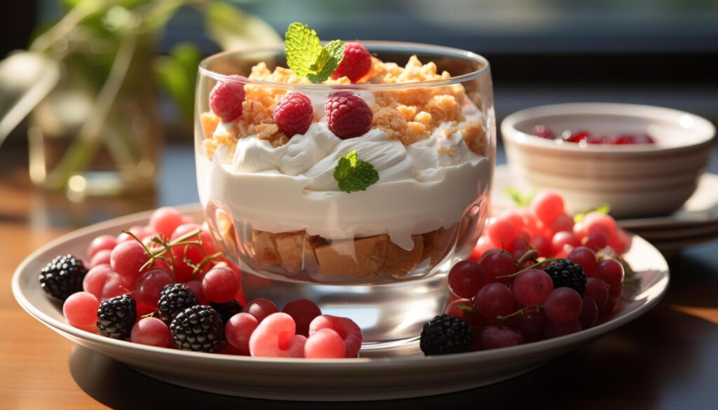 Freshness in a bowl yogurt, berries, granola, and mint leaf generated by AI Free Photo