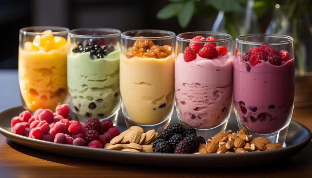 Freshness in a bowl yogurt, berries, granola, milk, chocolate generated by AI Free Photo