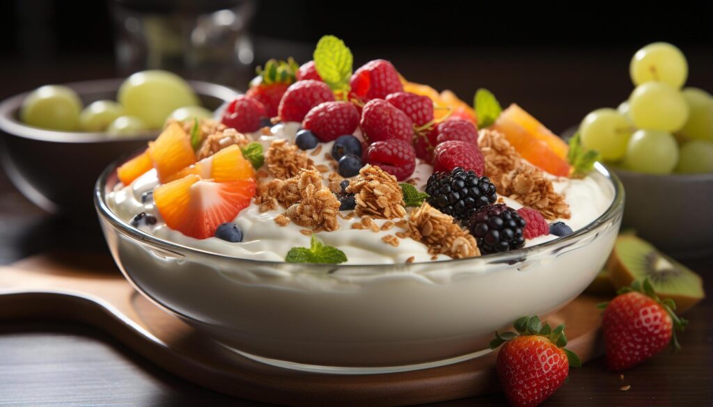 Freshness in a bowl yogurt, raspberry, blueberry, granola, strawberry, grape generated by AI Free Photo