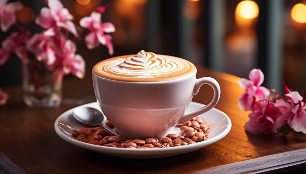 Freshness in a cup coffee, caffeine, heat, aroma, frothy, saucer generated by AI Free Photo