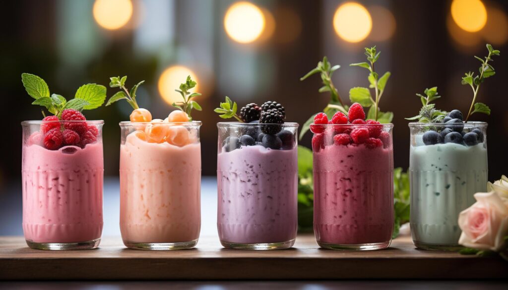 Freshness in a glass Berry cocktail, yogurt, and milkshake generated by AI Free Photo