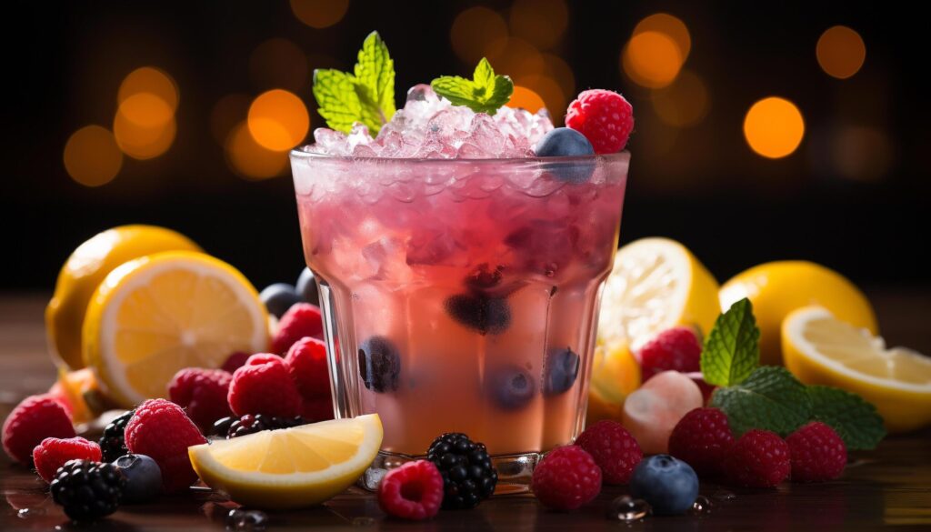 Freshness in a glass Raspberry cocktail, lemon, mint leaf generated by AI Free Photo