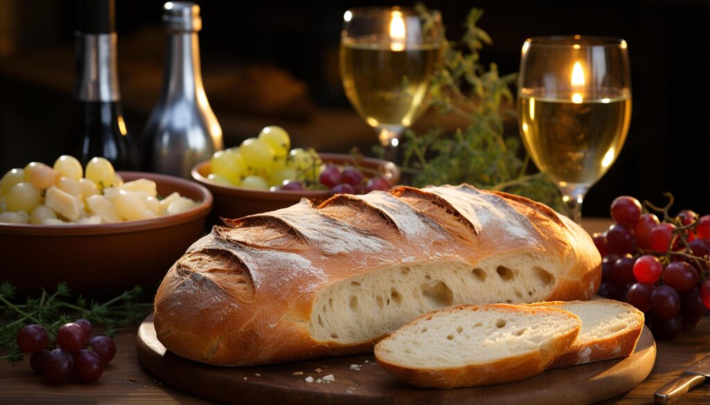 Freshness of bread, wine, and gourmet food on wooden table generated by AI Free Photo