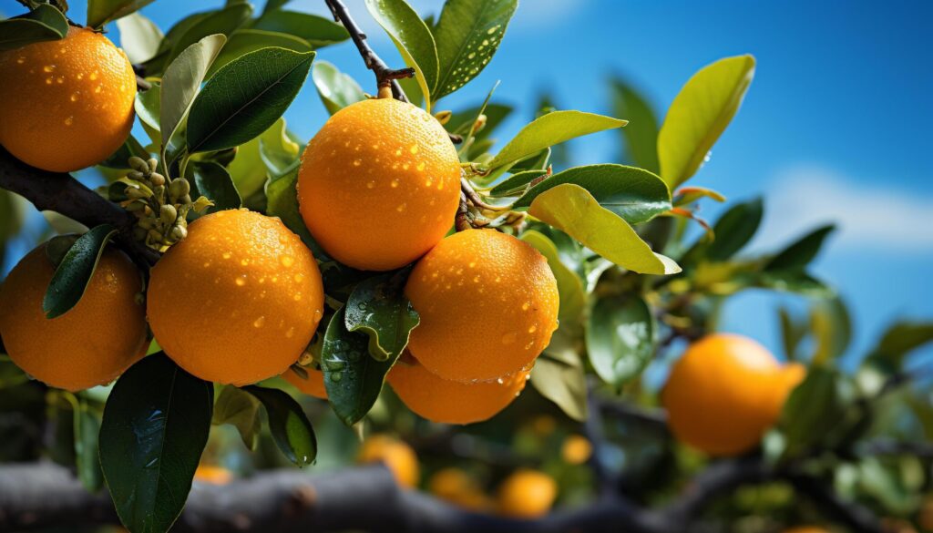 Freshness of citrus fruit in nature, green leaf outdoors generated by AI Free Photo