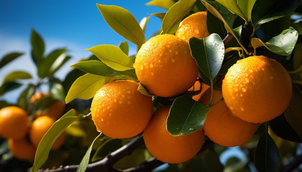 Freshness of citrus fruit in nature, green leaves, close up generated by AI Free Photo