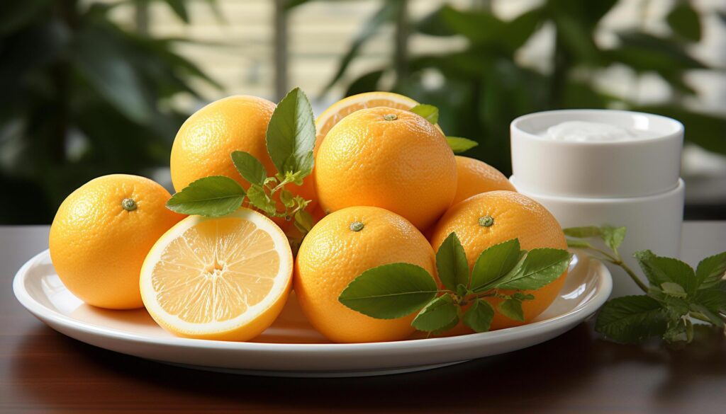 Freshness of citrus fruit on wooden table, healthy eating generated by AI Free Photo