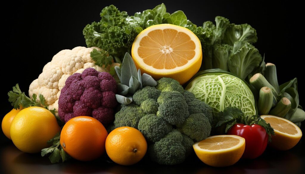 Freshness of healthy eating vegetable, fruit, broccoli, tomato, cauliflower generated by AI Free Photo