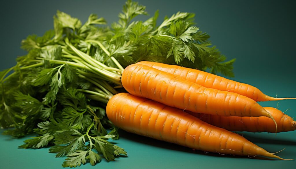 Freshness of healthy eating vegetable, leaf, carrot, organic, green color generated by AI Free Photo