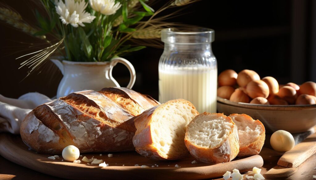 Freshness of homemade bread, milk, and gourmet meal on table generated by AI Free Photo