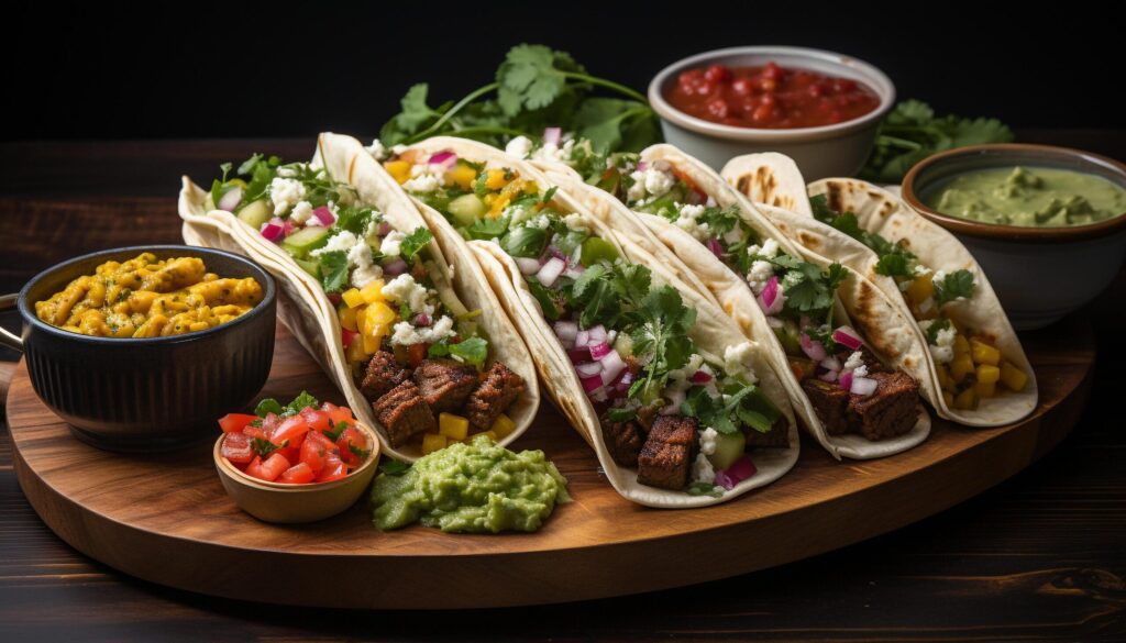 Freshness of Mexican food guacamole, taco, meat, tomato, cilantro generated by AI Free Photo