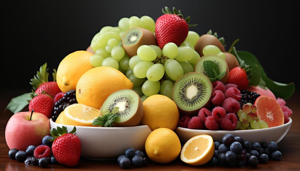 Freshness of nature bounty strawberry, grape, raspberry, blueberry, orange generated by AI Free Photo