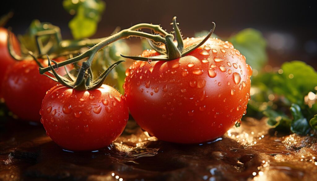 Freshness of nature organic gourmet wet, ripe tomato drop generated by AI Free Photo