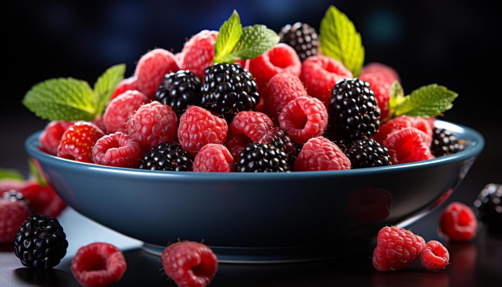 Freshness of nature raspberry, blueberry, strawberry, blackberry, mint leaf generated by AI Free Photo