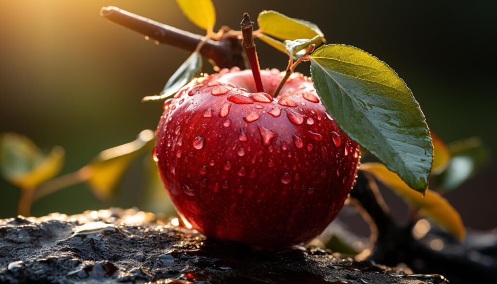 Freshness of nature ripe apple, wet with dew generated by AI Free Photo